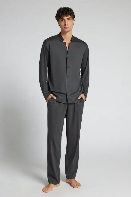 Open Front Full Length Pajamas in Mercerized Cotton filo Premium
