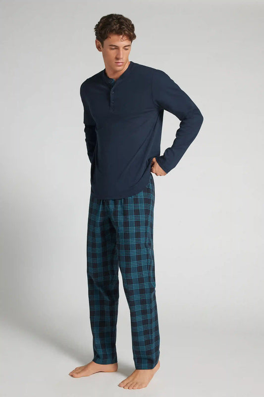Full Length Henley Pajamas in Cotton Jersey and Cloth