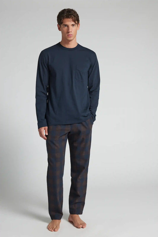 Full Length Cotton Pajamas with Brown Check Print Cloth
