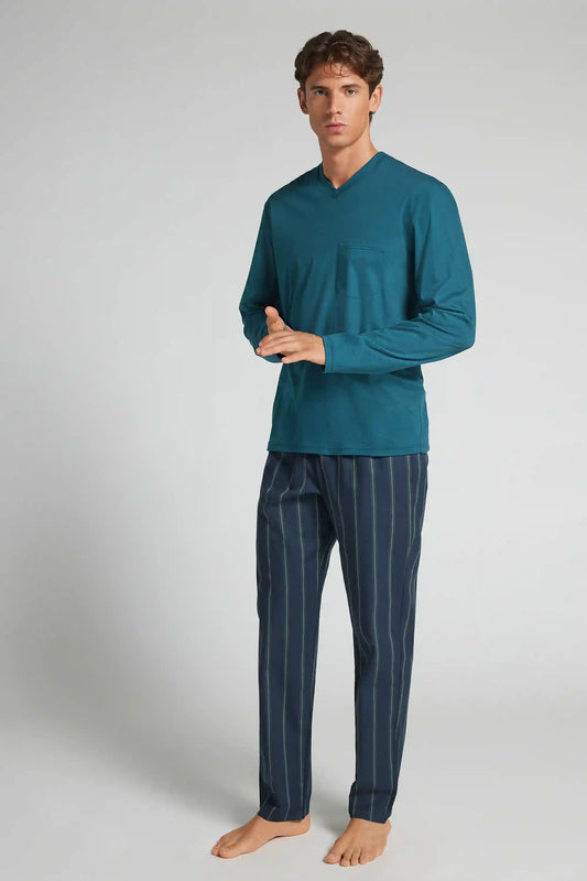 Full Length V-Neck Pajamas in Mercerized Cotton Cloth and filo Premium