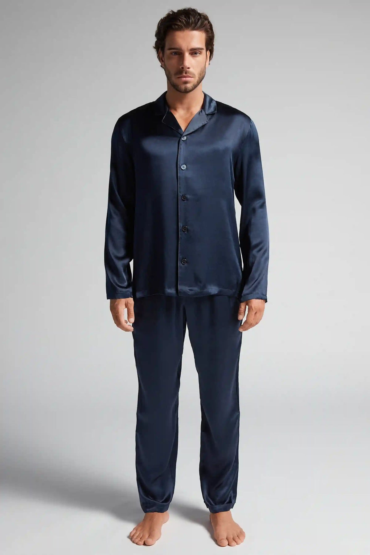 Long Silk Piped Pajamas