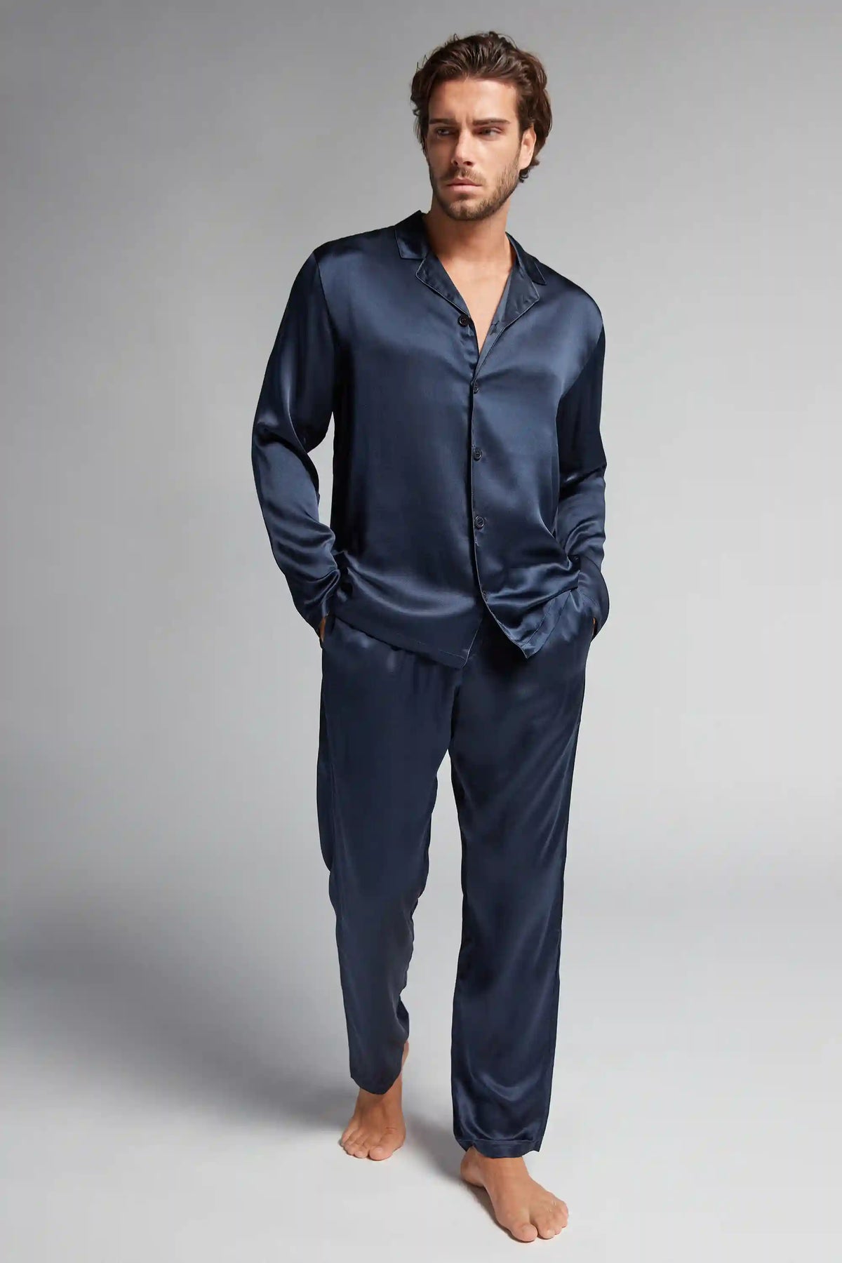 Long Silk Piped Pajamas