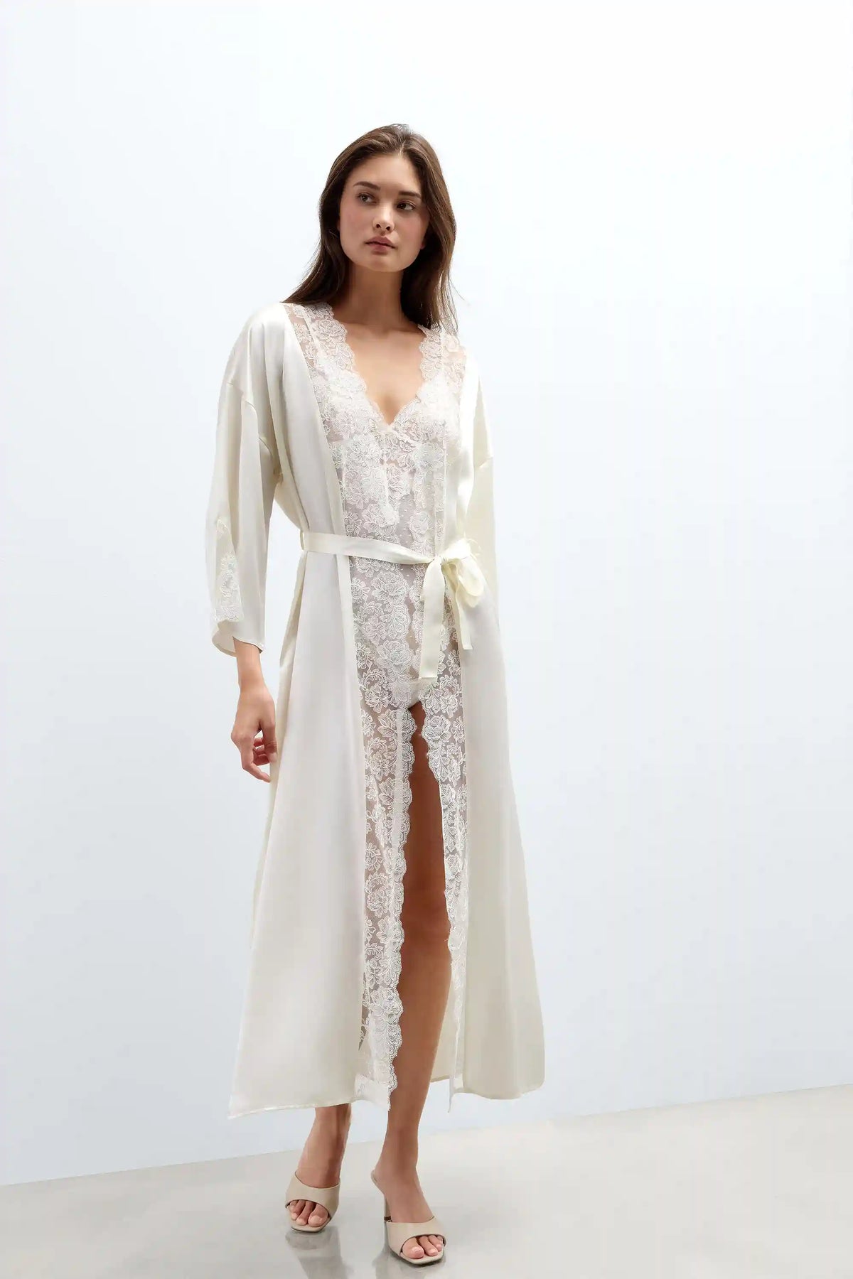 From the Boudoir Long Robe in Silk and Lace